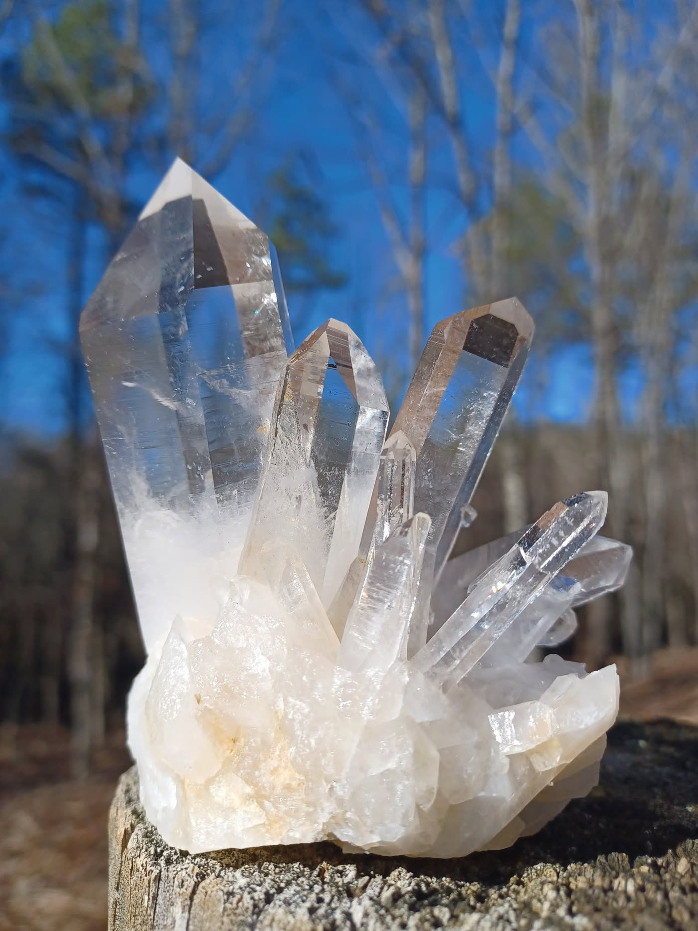 Water-clear Arkansas quartz cluster on a stump against blue sky