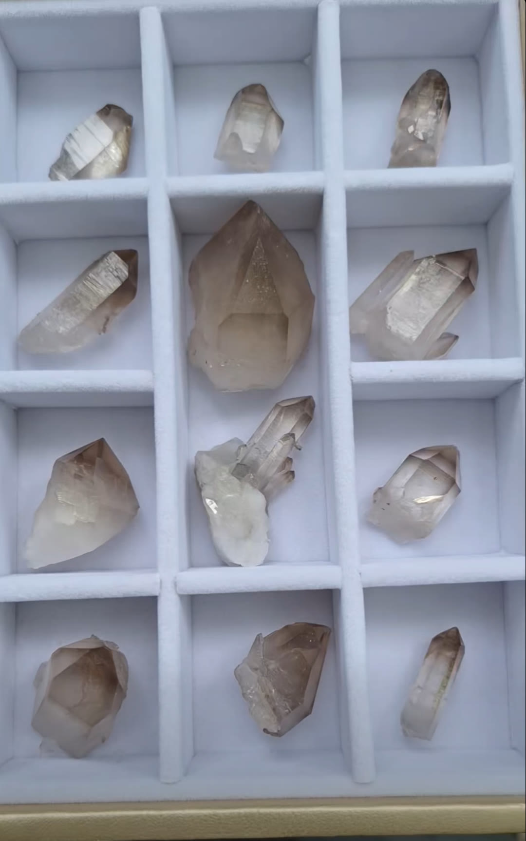 Tray of smoky and phantom quartz points from Pine Ridge Crystals
